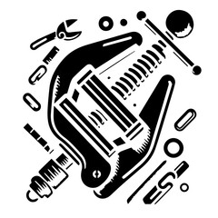 An artistic rendering of various mechanical tools and components in a black and white illustration style