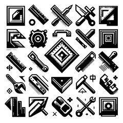Illustration featuring a collection of various construction and handyman tools in black and white style design