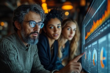 Business team collaborating on touchscreen to review and approve quarterly report with performance charts and financial analytics