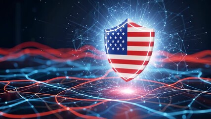 Digital shield with American flag design radiates energy, surrounded by vibrant blue and red lines, symbolizing cybersecurity and protection in a modern technological landscape