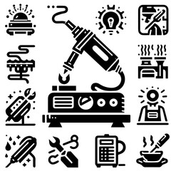 Illustration showing various tools and equipment related to manufacturing and engineering work