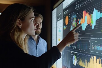 Business team collaborating on touchscreen to review and approve quarterly report with performance charts and financial analytics