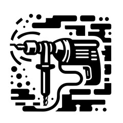 Illustration of a black and white power drill with a cord and abstract shapes surrounding it design