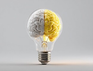 A lightbulb-shaped object with a brain inside, bisected into white and yellow halves. The lightbulb is clear glass with a metal base, and the light is emanating from within the bulb.  