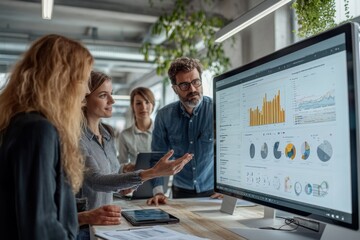 Business team collaborating on touchscreen to review and approve quarterly report with performance charts and financial analytics