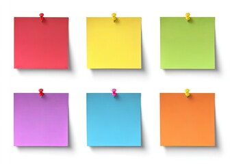 Six colorful sticky notes, square-shaped, affixed to a white surface with pushpins.  