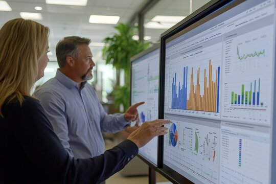 Business team collaborating on touchscreen to review and approve quarterly report with performance charts and financial analytics