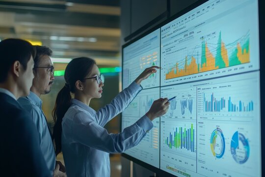 Business team collaborating on touchscreen to review and approve quarterly report with performance charts and financial analytics