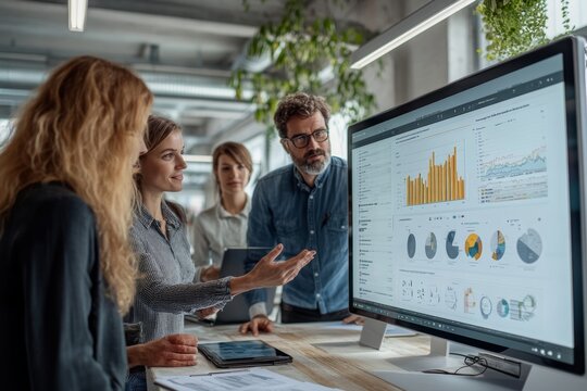 Business team collaborating on touchscreen to review and approve quarterly report with performance charts and financial analytics