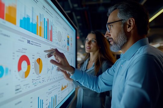 Business team collaborating on touchscreen to review and approve quarterly report with performance charts and financial analytics
