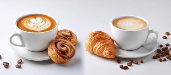 Two cups of latte art coffee, alongside cinnamon rolls and a croissant