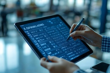 Close-up of digital checklist being completed on tablet by quality manager during factory audit process representing iso compliance and task tracking