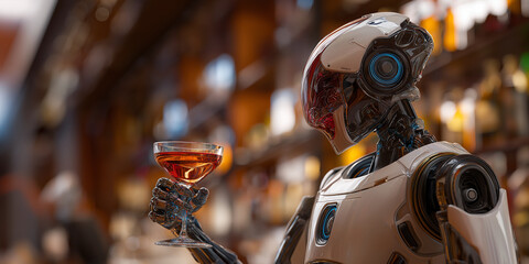 Futuristic robot holding cocktail in modern bar setting, showcasing advanced technology and sleek design. robot metallic features and bar ambient lighting create sophisticated atmosphere
