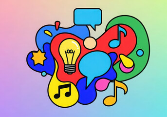 Abstract doodle art with music notes and lightbulb ideas