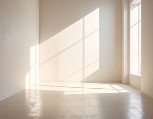 A sunlit room with pale walls and floor, displaying soft shadows from windows.