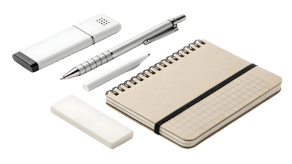 Office stationery set including pen pencil eraser USB and notebook isolated on transparent background