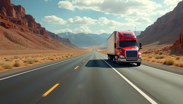 Red semi-truck drives on open highway through desert landscape. Scenic mountain backdrop with blue sky and clouds. Realistic environment for CDL truck driver training and logistics operations.