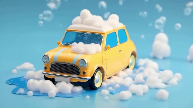 3D rendering model of a car getting a car wash surrounded by soap bubbles and splashing water	