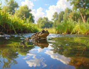 Serene Toad Observation in a Reflective Aquatic Landscape Scene