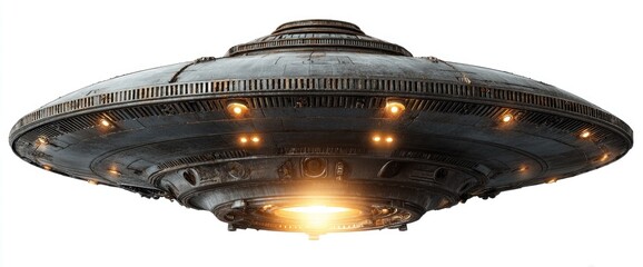 Vintage-style UFO,  dark gray metal disc with glowing lights,  thrust emanating from underside
