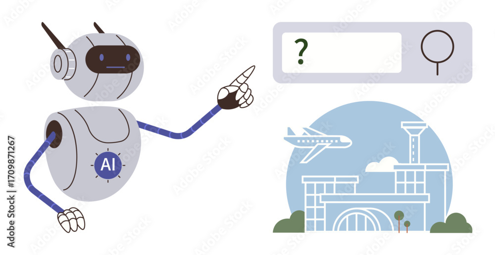 Poster robot with ai label pointing at a virtual search bar with question mark, next to airport scene inclu