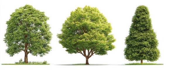 Three vibrant green trees against a white background.  Full, lush foliage displays healthy growth.  Different shapes and sizes highlight variety.  