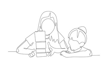 Mother and daughter playing games. Family game night concept one-line drawing