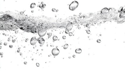 Water surface with bubbles.  A close-up view of water's surface, showcasing various sized bubbles rising and dispersing against a plain white background.  