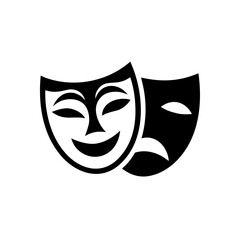Minimalist linear icon of classic comedy and tragedy masks representing theater and performance arts.