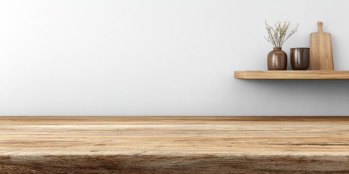 Empty wooden table and shelf against a light-gray wall.  Small, decorative items on shelf