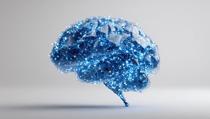 3D model of a brain, polygonal shape with network of glowing blue lines