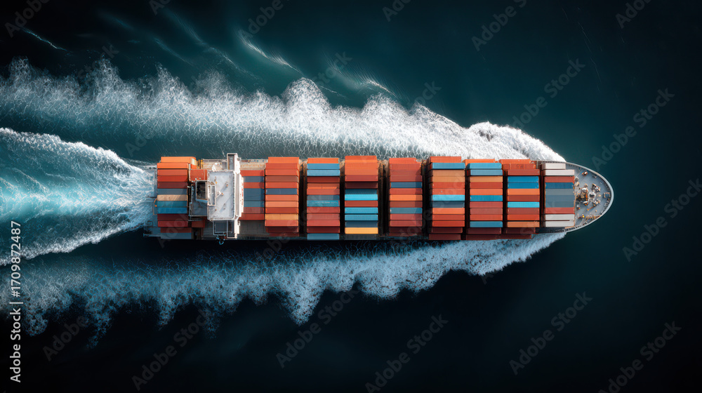 Poster freightliner in motion: an overhead shot of a massive freightliner, a symbol of global commerce, nav