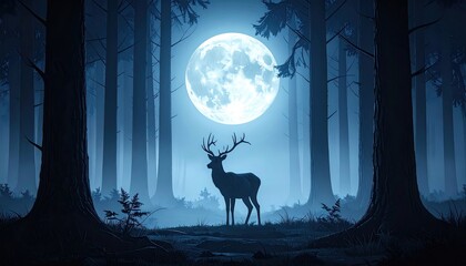 Stag Silhouette Under Full Moon in Dark Pixelated Forest Landscape