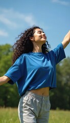 Naklejka premium Young woman enjoys sun with closed eyes outdoors, embracing nature. Blue top, gray shorts, long curly hair. Feeling peace, mindfulness, getting vitamin D. Promotes relaxation, well-being, spiritual