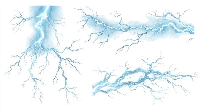 Four stylized lightning bolt illustrations on white background.  Each bolt is light blue, with a painterly, watercolor-like effect.  The bolts are different sizes and angles