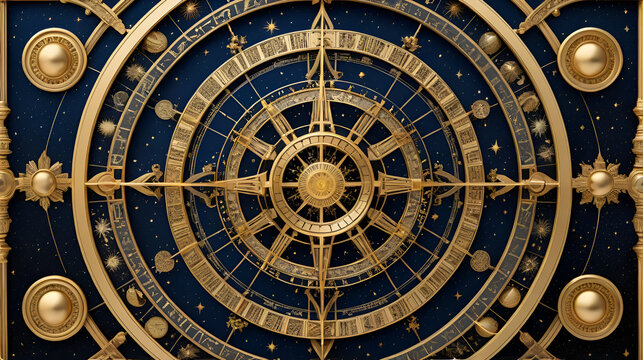 Intricate Astrological Wheel with Celestial Details and Gold Accents