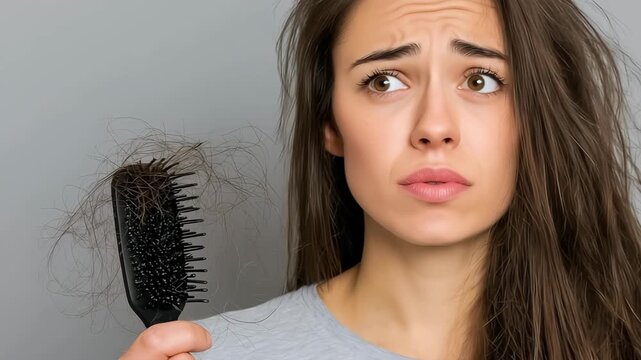 Close up woman holds a comb in her hands and fallen hair after combing, Worried woman holding hairbrush with hair. Head health problems, Problems of chemotherapy and radiation for cancer	