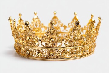 Ornate golden crown on white background.  Detailed gold crown with intricate filigree and embedded gems.  