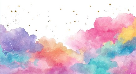 Obraz premium Abstract watercolor clouds with gold glitter stars. Soft, pastel colors blend seamlessly to create a dreamy, ethereal scene