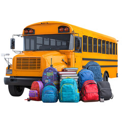 A yellow school bus with several backpacks and books stacked in front of it on a black background