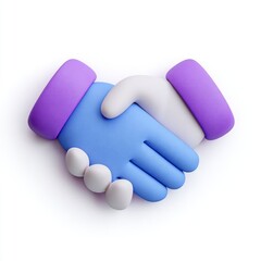3D stylized illustration of two hands shaking.  A light purple and light blue hands in a stylized handshake.  The hands are a 3D model, appearing almost like playdough or clay. 