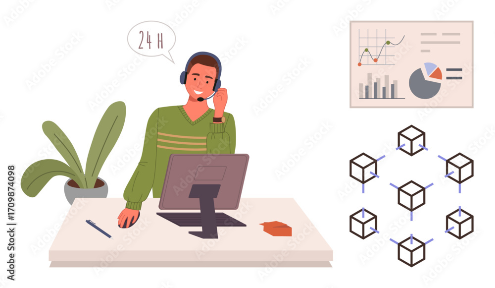 Fototapete man wearing a headset assists through a computer, surrounded by analytics chart and blockchain icons
