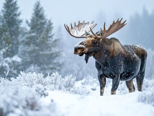 A moose standing in a snowy landscape, its breath visible in the cold air