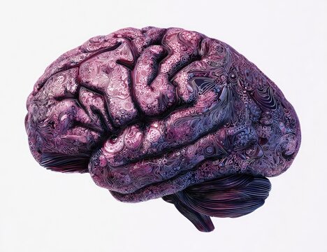 Abstract brain, a three-dimensional image of a human brain rendered in swirling, textured hues of purple and pink.  The surface appears textured and fluid, reminiscent of marbled or stained glass - Powered by Adobe