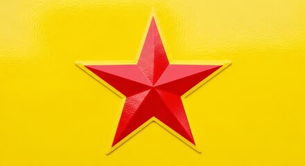 Vibrant Red Three-Dimensional Star Emblem with Beveled Edges on a Solid Yellow Field.