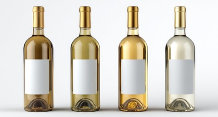Four white wine bottles, each with a blank white label and gold-colored caps, stand side-by-side against a plain white backdrop.  
