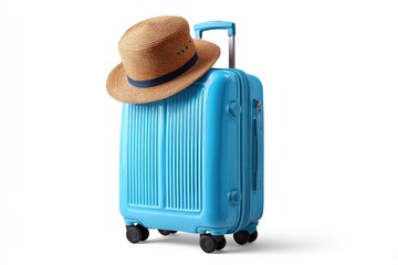 Light blue suitcase with a straw hat