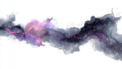 Abstract cosmic ink splatter.  A flowing, swirling pattern of ink colors, including shades of gray, purple, pink, and black, with glistening particles. 