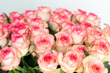 Beautiful bouquet of fresh pink roses with delicate petals, arranged closely together. Romantic floral background perfect for weddings, Valentine’s Day, anniversaries, and special celebrations