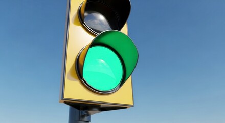 Vibrant Green Go Signal on a Yellow Traffic Light Under a Bright Blue Daytime Sky.